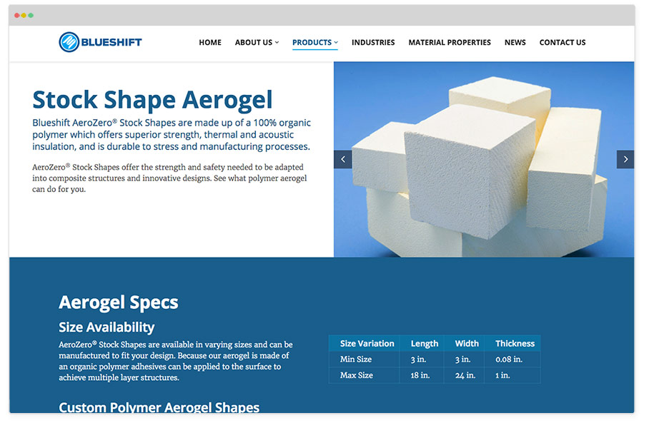 Blueshift Materials website screen