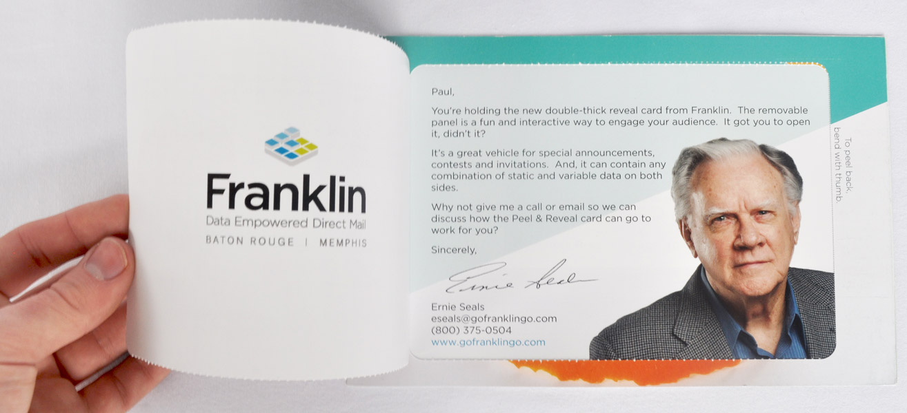 Self-mailer interior message featuring variable image